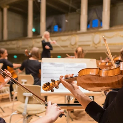A view of an orchestra probably playing classical music