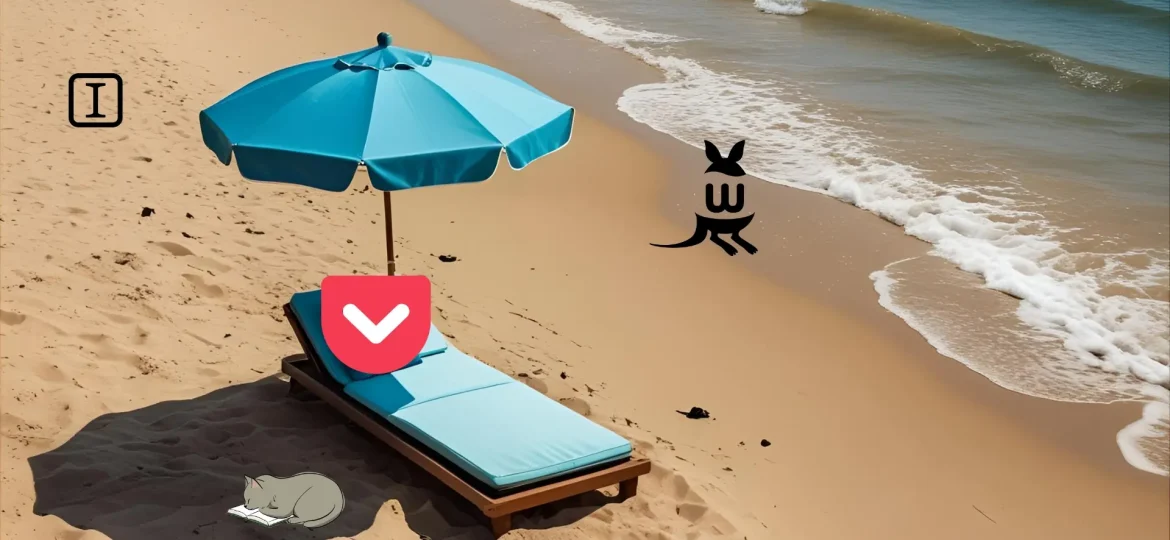 A playful depiction of Pocket relaxing on a beach bed with its alternatives in the sun