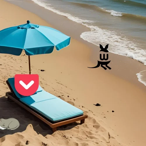 A playful depiction of Pocket relaxing on a beach bed with its alternatives in the sun