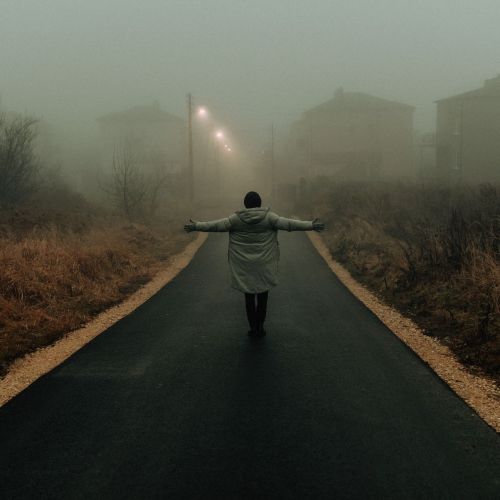 A person stands with outstretched arms on a foggy road in a misty neighborhood, creating a moody atmosphere.