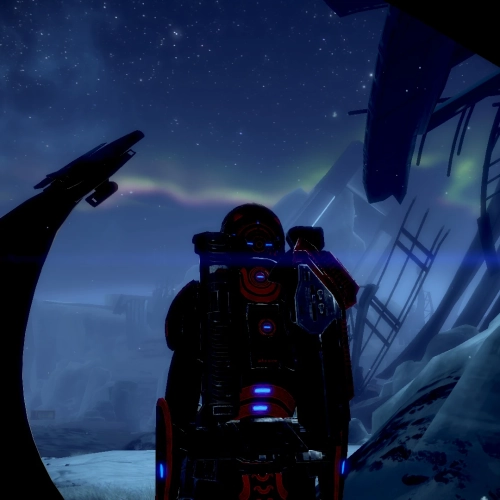 Commander Shepard standing before a statue on the Normandy SR1 crash site.